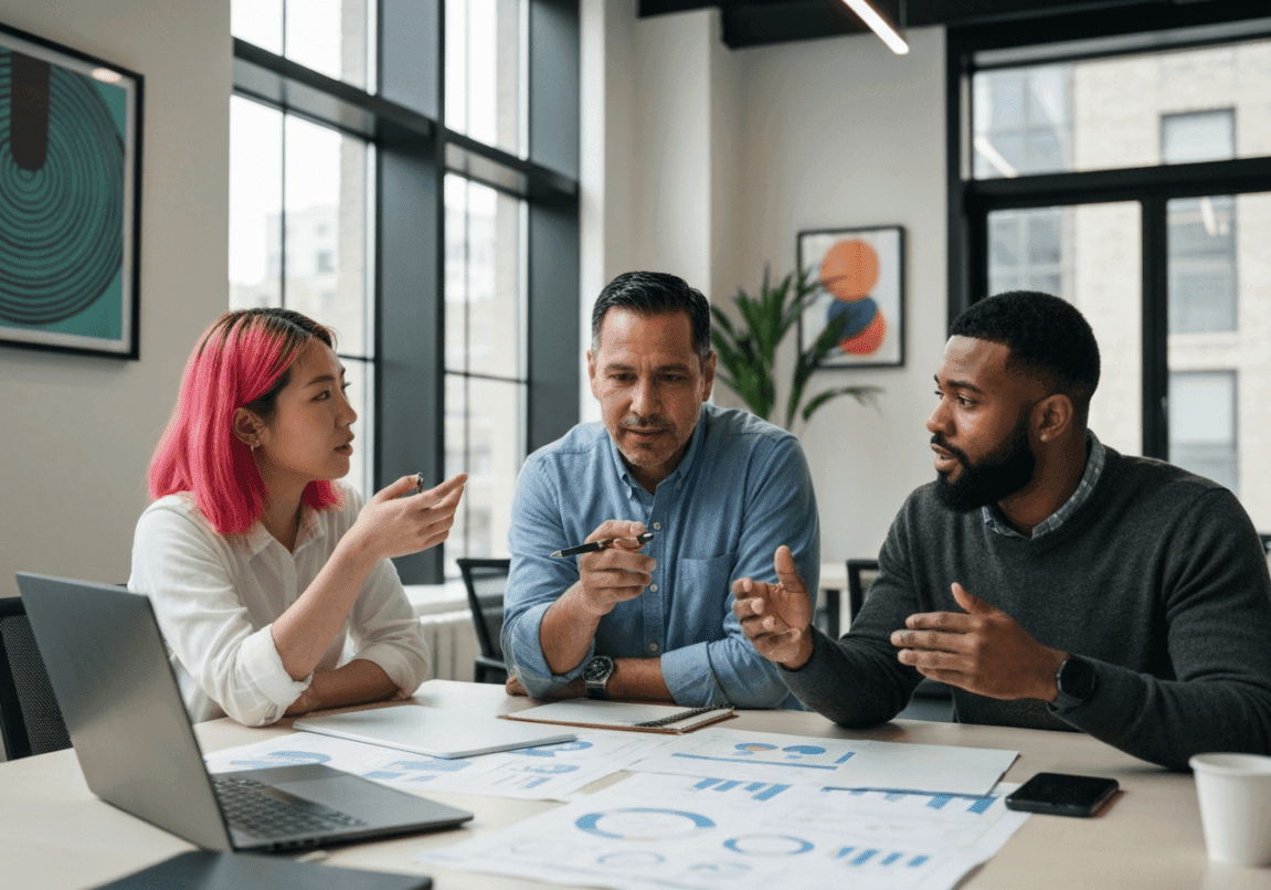 Group of professionals collaborating on business plans