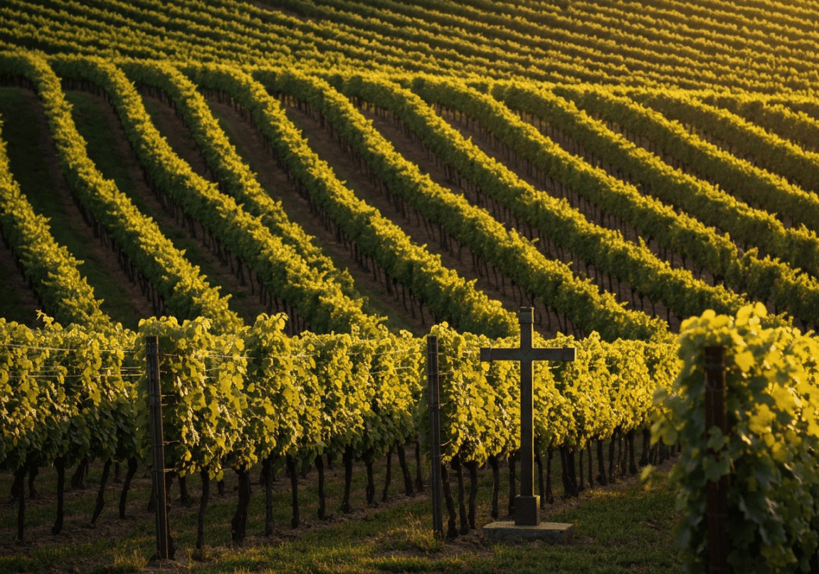 Vineyard with a cross symbolizing spiritual and earthly rewards