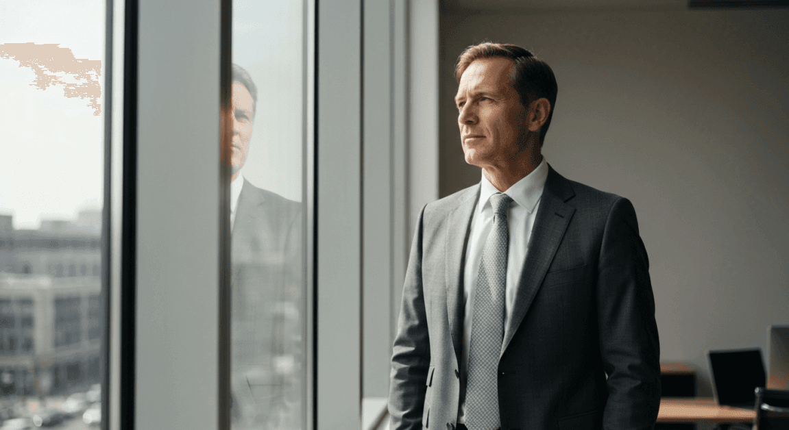 Business leader reflecting near an office window, emphasizing stewardship and divine ownership.