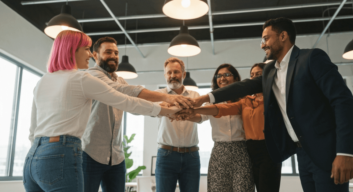Team members joining hands in an office, representing generosity and cooperation in business.