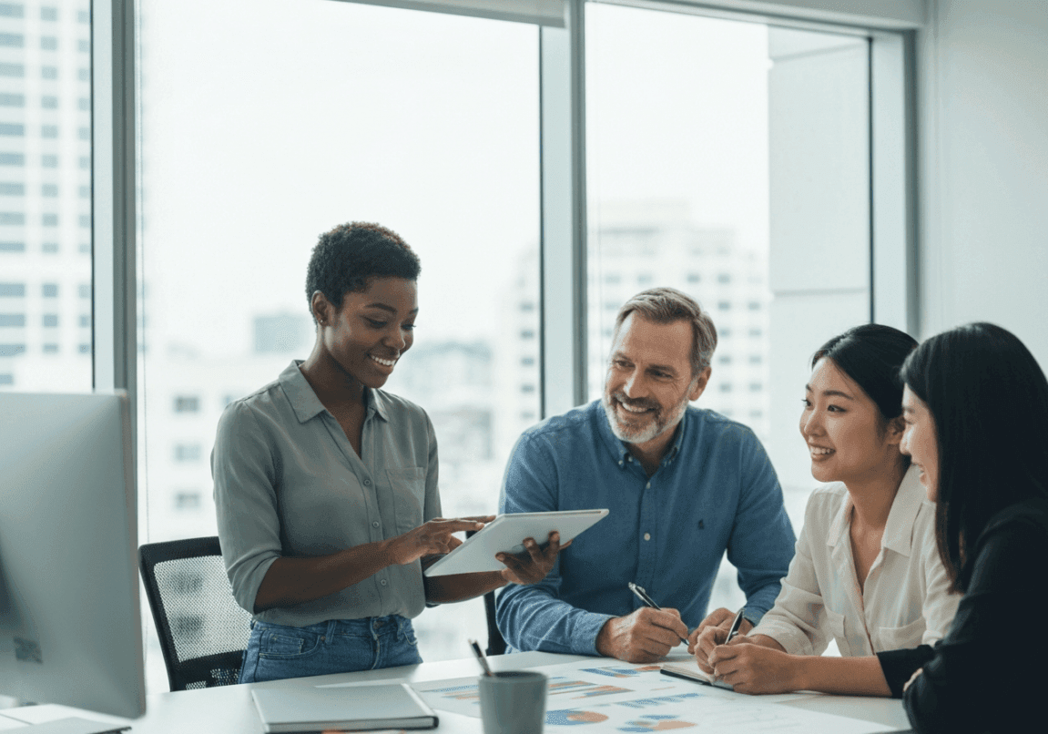 Diverse group of professionals in a business setting conducting a Bible study