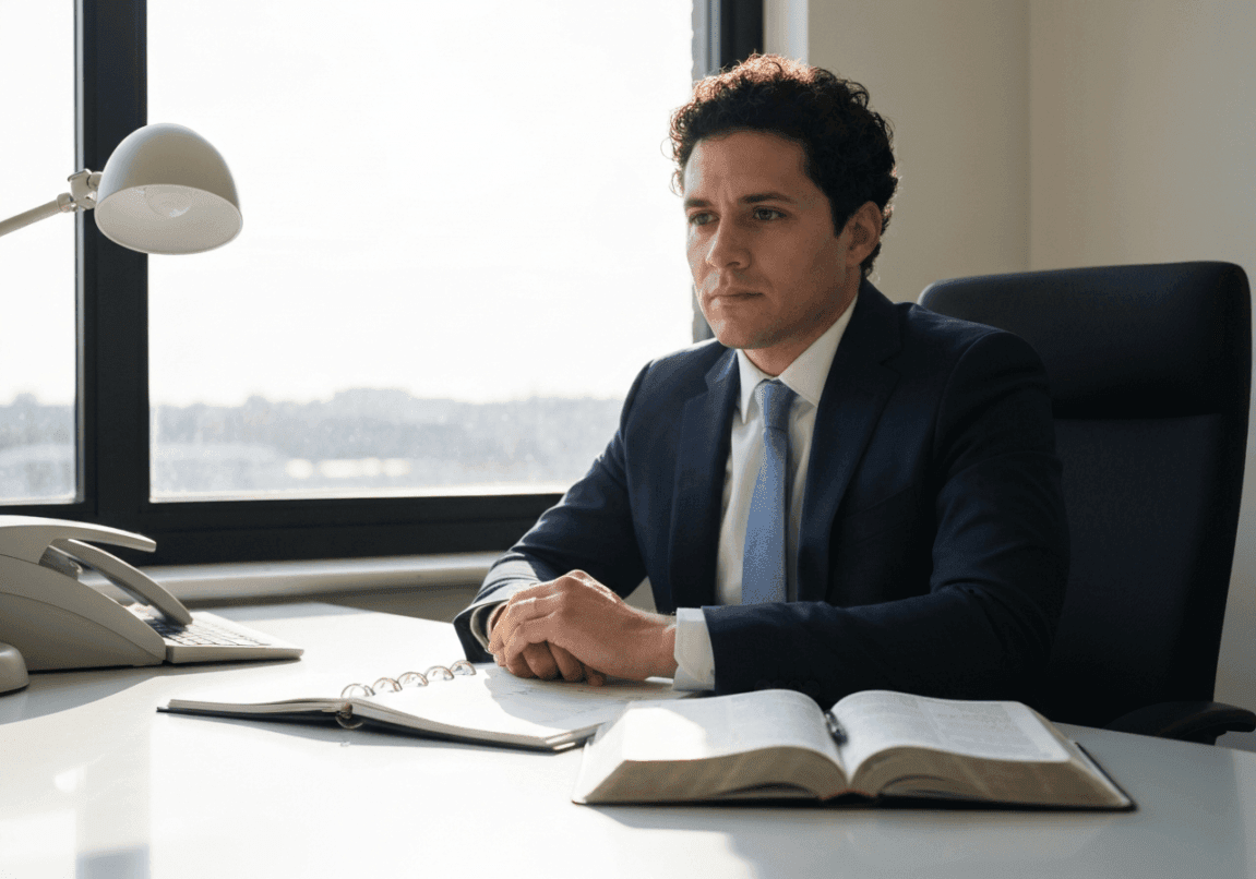 Focused business leader with an open Bible and a planner on the desk