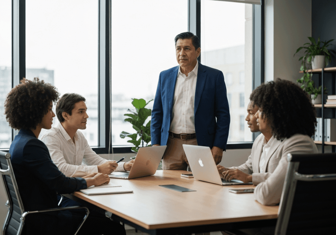 Small team in a morning meeting with a leader who exudes enthusiasm