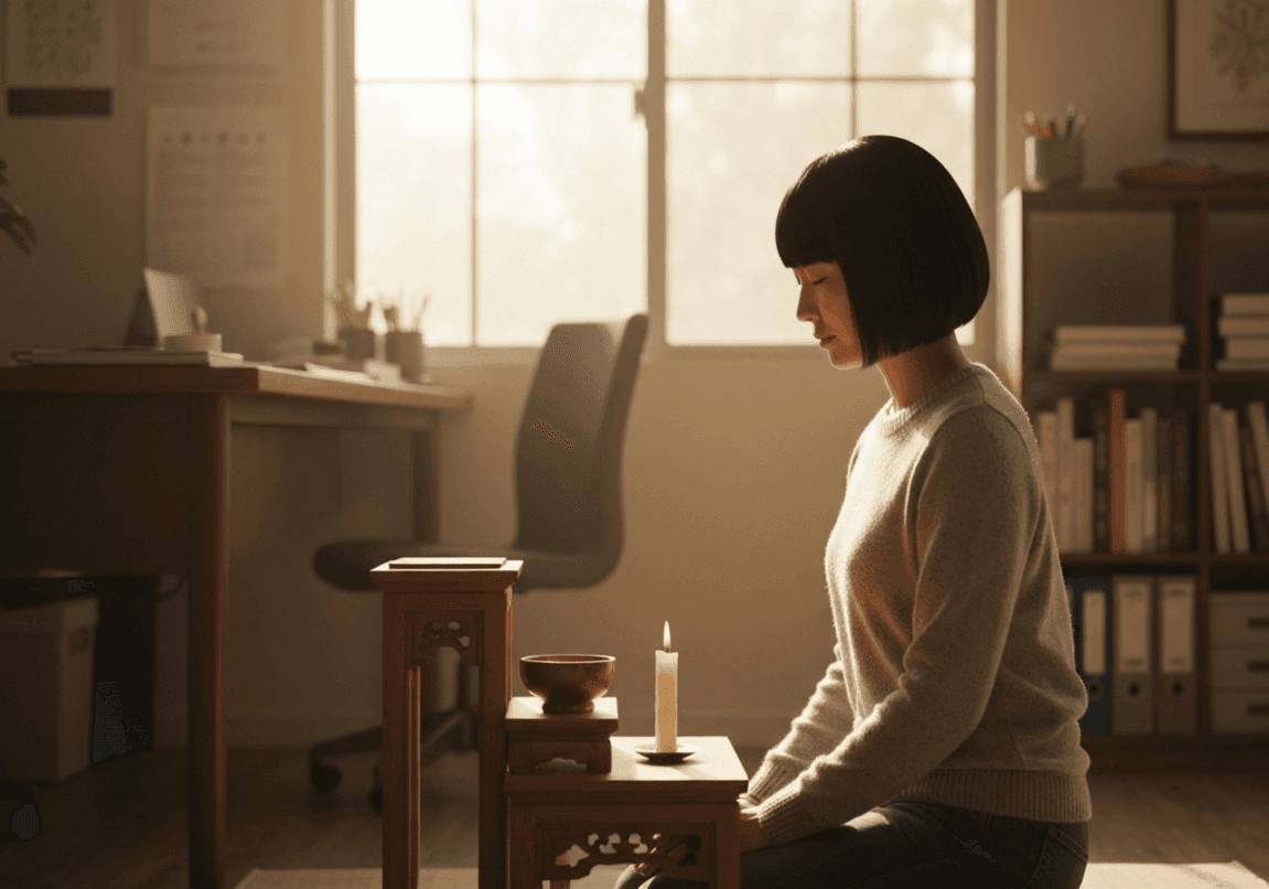 Person praying at their desk, beginning the day with dedication to task and faith