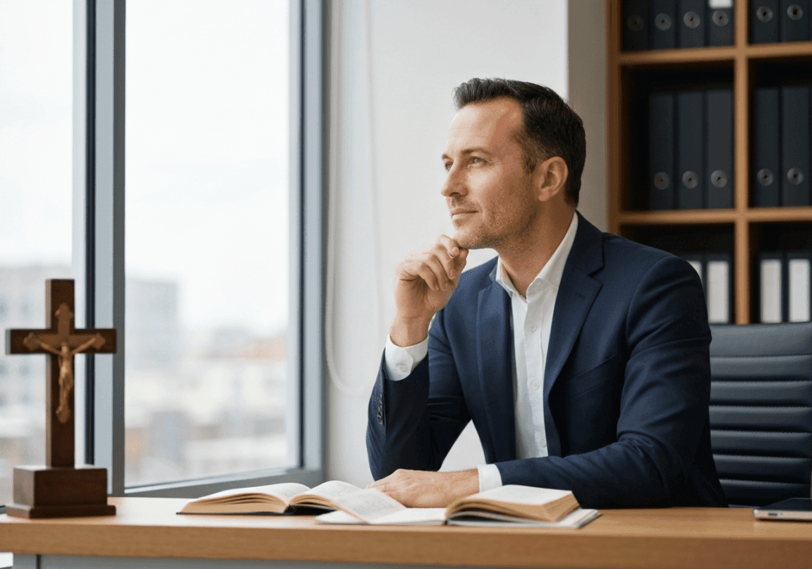 Christian business leader contemplating faith in a modern office with subtle religious elements.