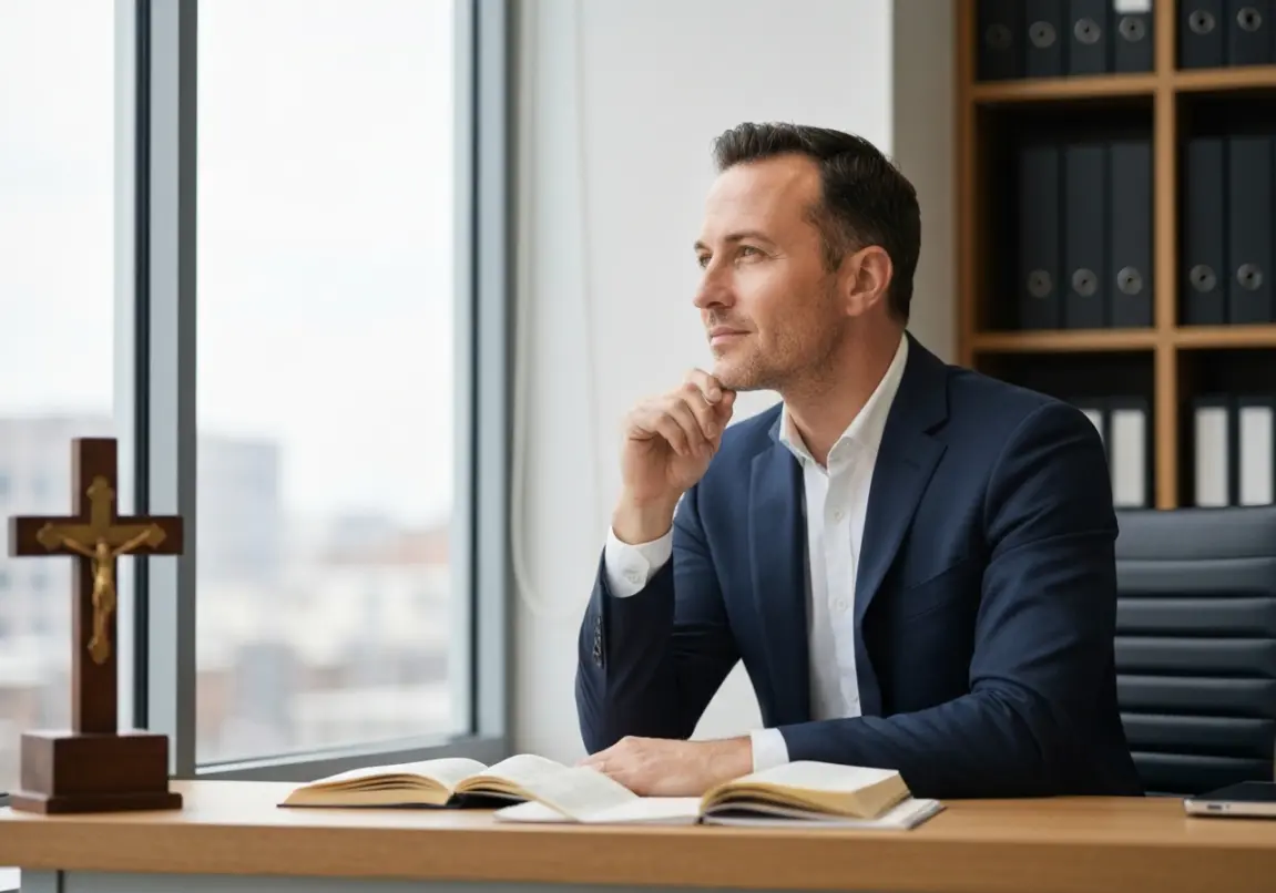 Christian business leader contemplating faith in a modern office with subtle religious elements.