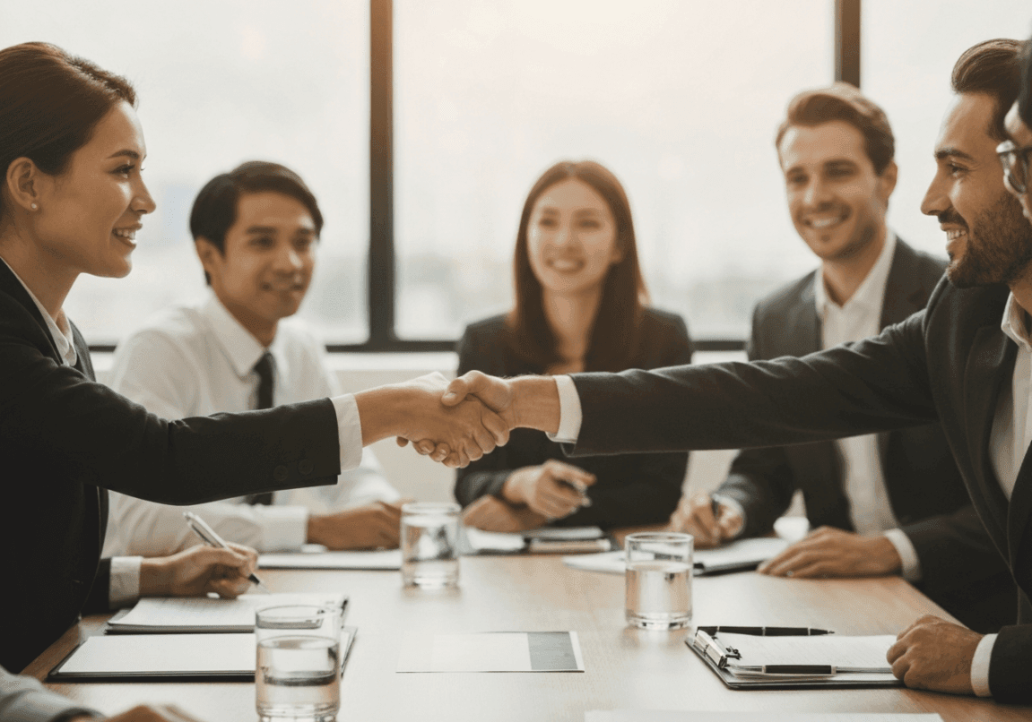 Colleagues shaking hands in a professional meeting room, demonstrating trust and cooperation.
