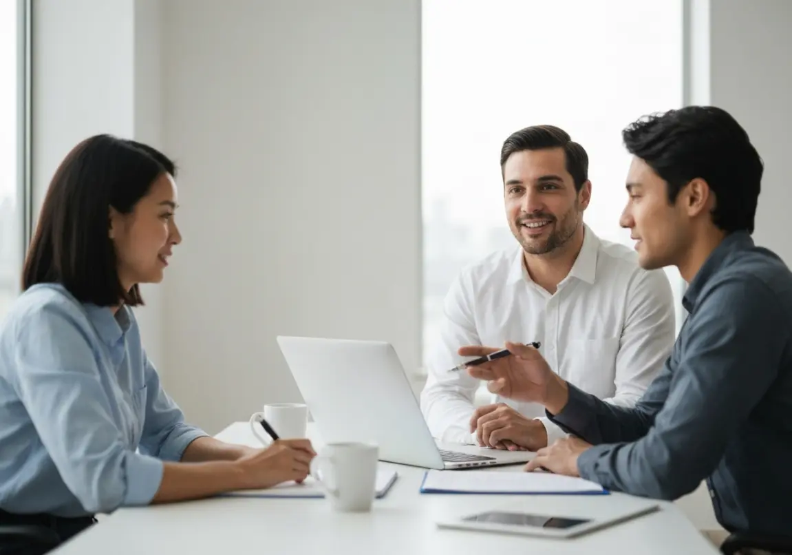 Entrepreneur leading a strategy meeting with their team, highlighting faith and trust in business practice.