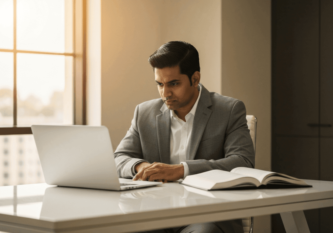 Business leader consulting a Bible for strategic decision-making