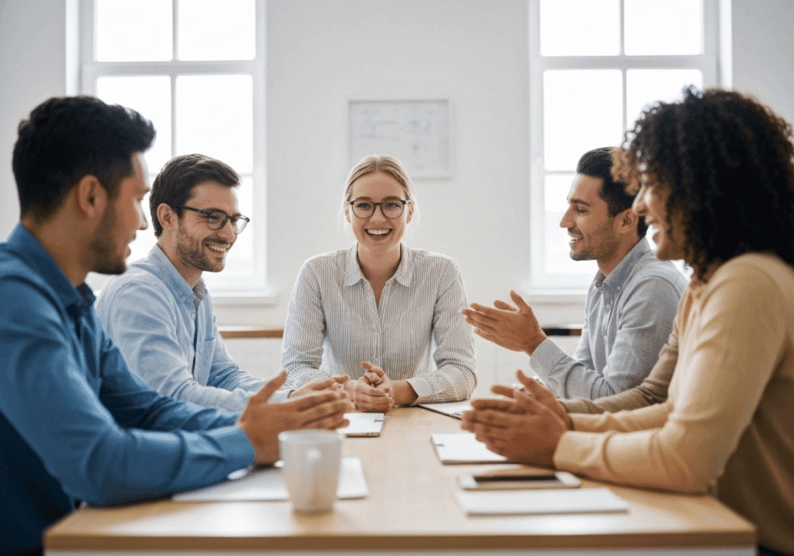 Servant leadership in an office, colleagues in discussion