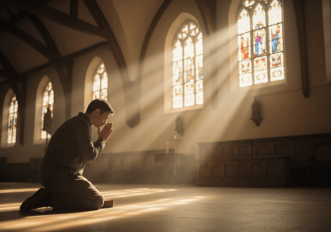 Individual praying for humility in a church setting
