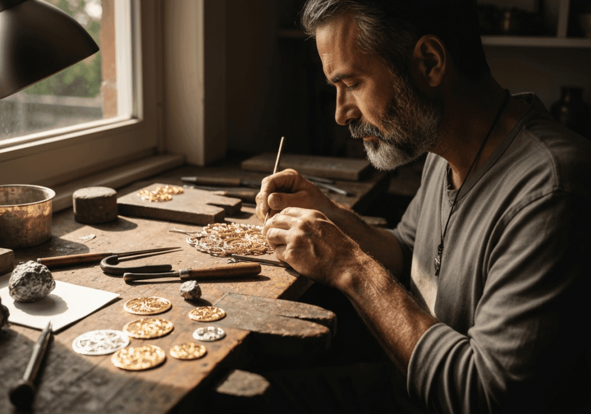 Artisan in a workshop skillfully crafting with metals, inspired by biblical Bezalel.