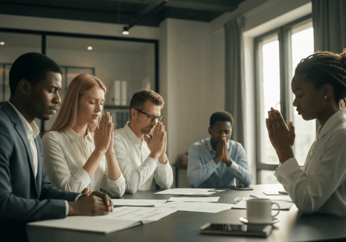 Professionals in an office pausing for prayer over a project plan.