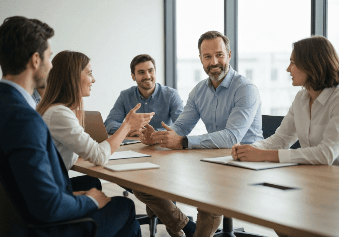 Leader engaging with team in a supportive manner at a conference table