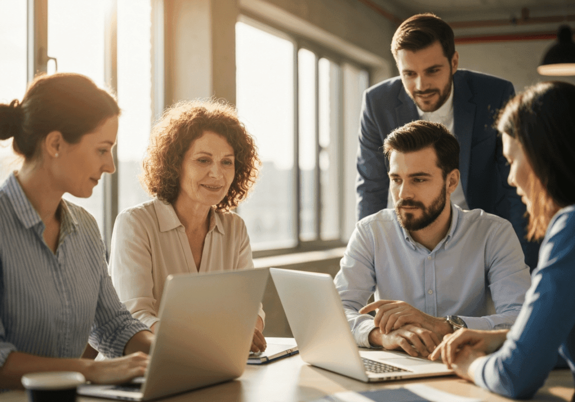 Group of professionals collaborating ethically in an open office space