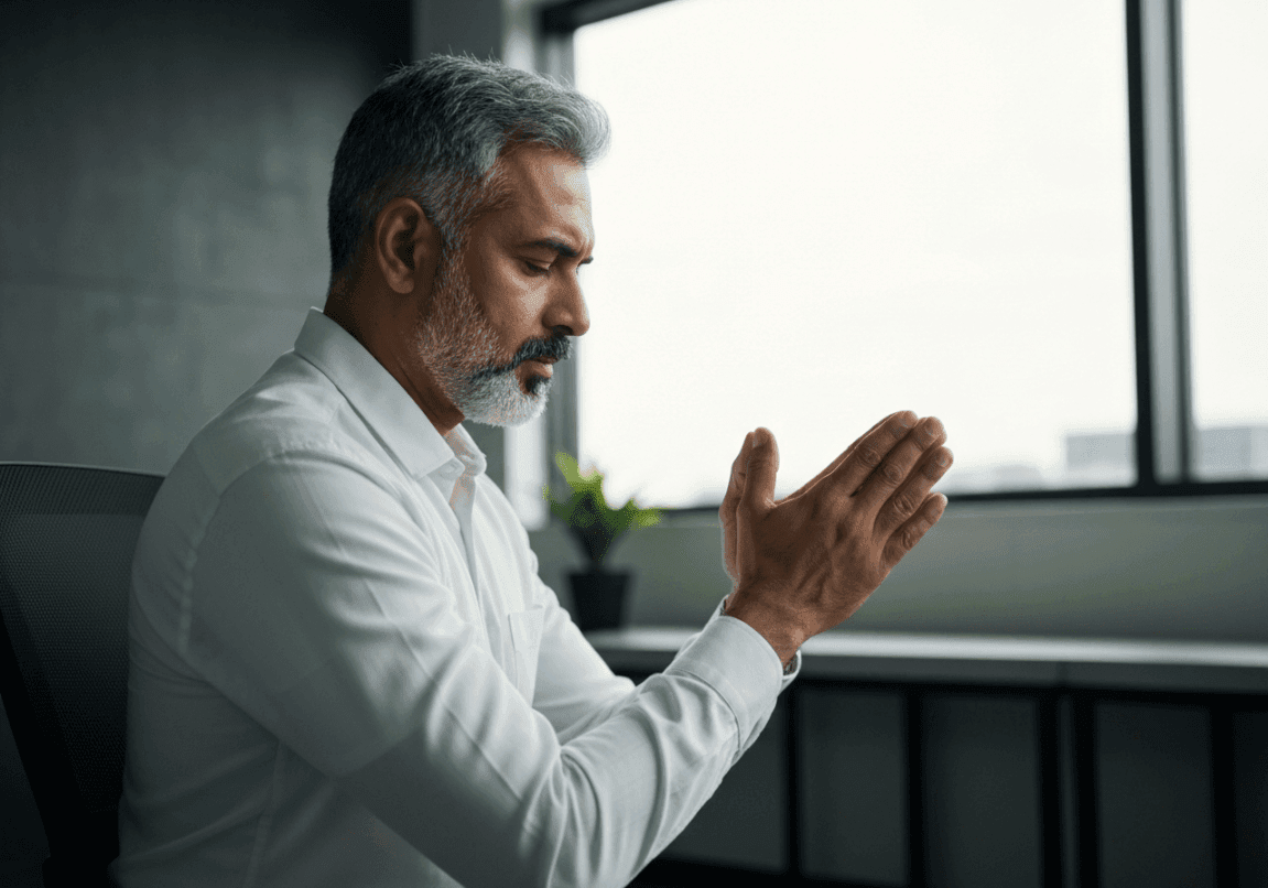 Business leader kneeling in prayer in a modern office, seeking divine guidance.