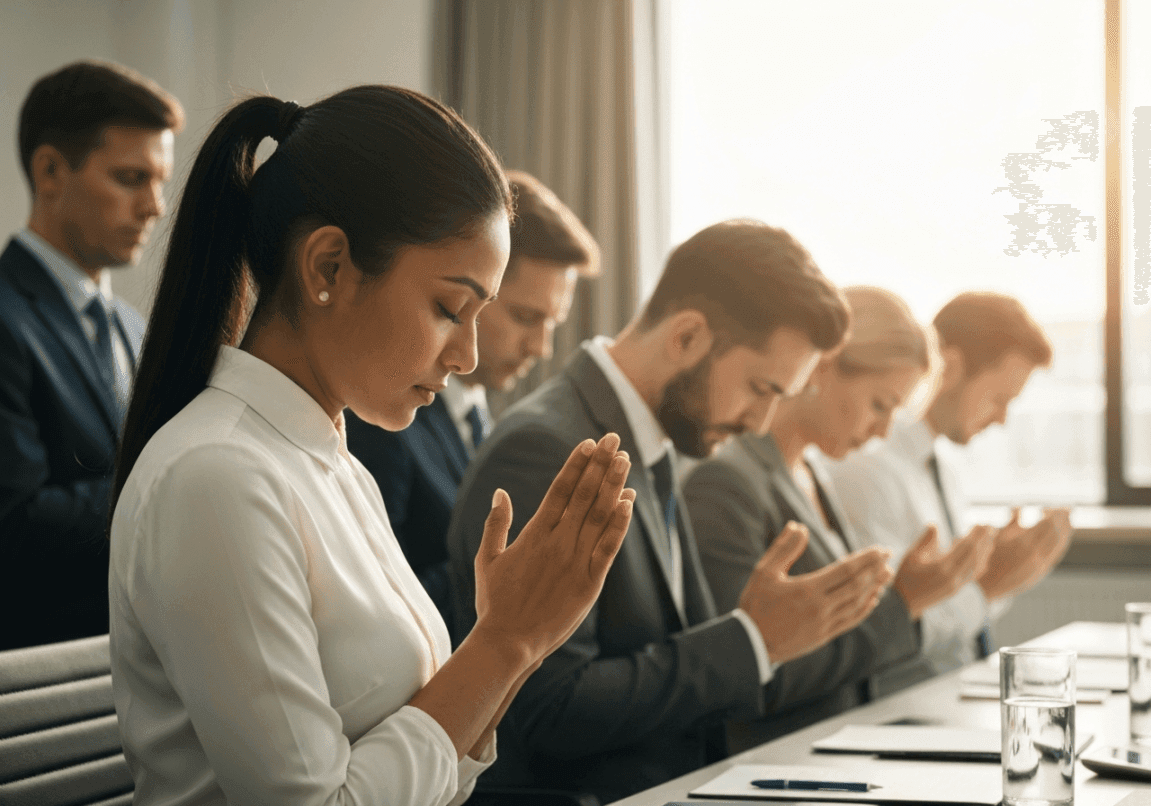 Group of business leaders bowing heads in prayer in a conference room.