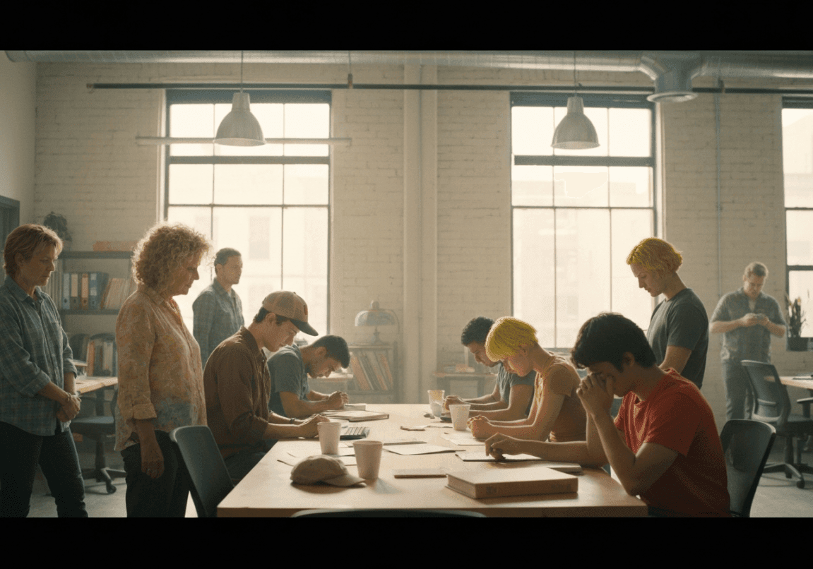 Diverse team praying around a table in an office, signifying commitment in work.