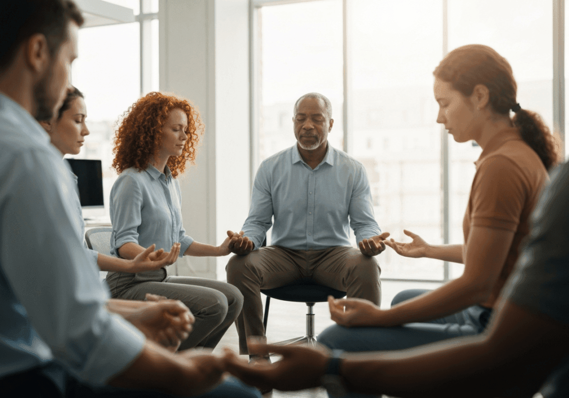 Small prayer group gathered in a business office during lunch break.