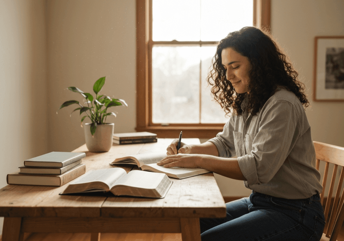 Person working diligently at a desk with an open Bible