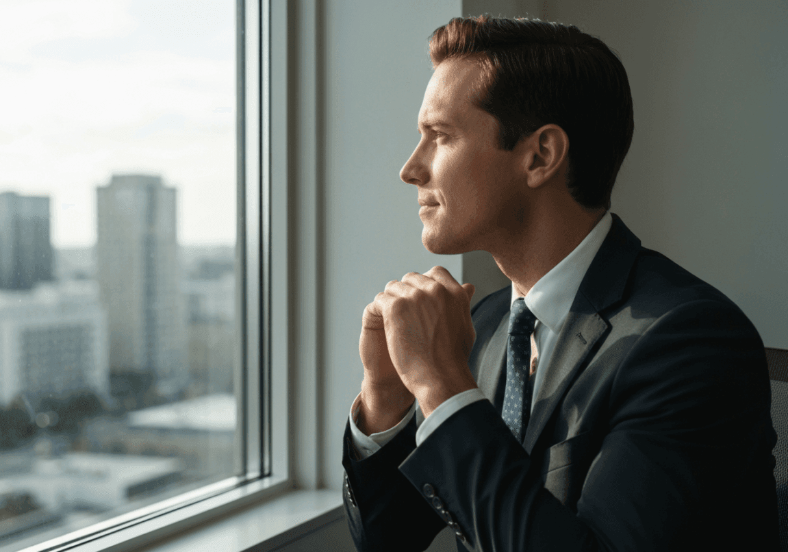 Business leader contemplating by office window in thoughtful reflection