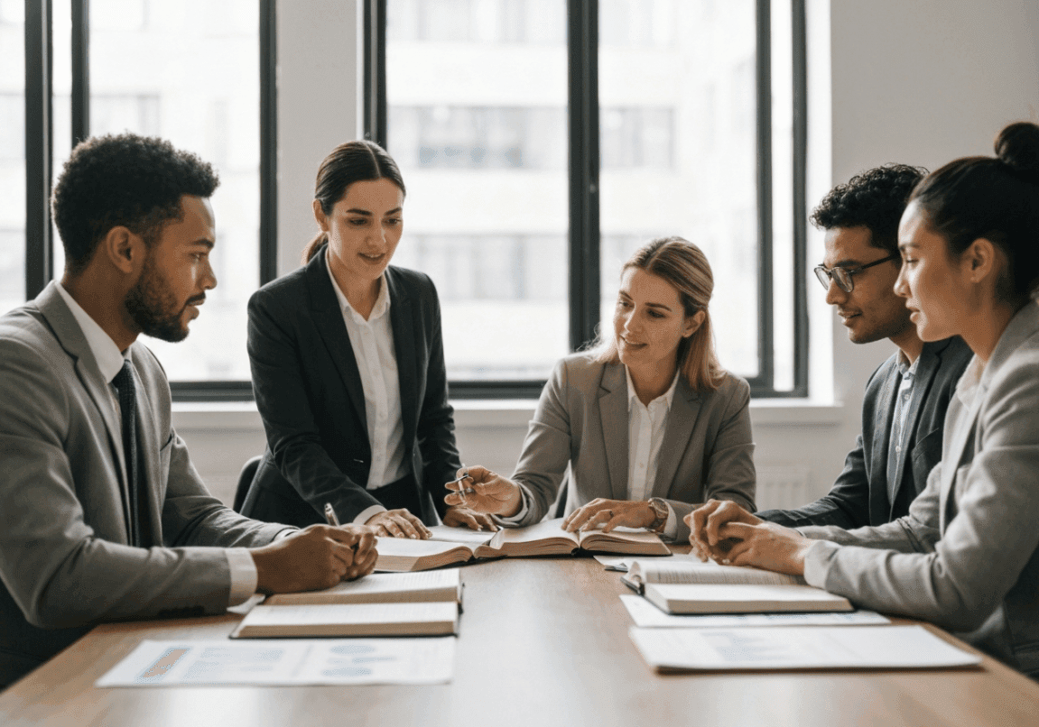 Diverse business team discussing around a table with Bibles and reports