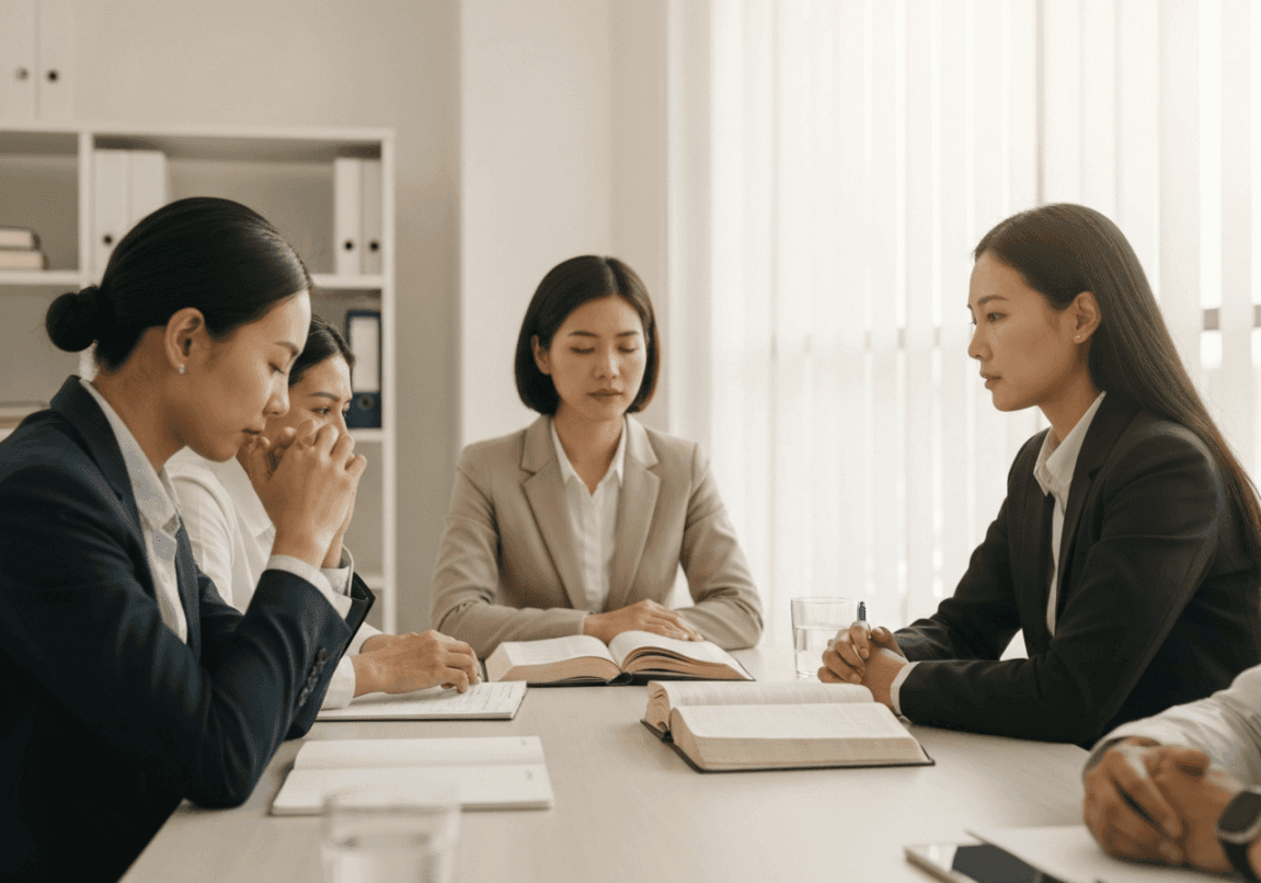 Business meeting with prayerful reflection and open Bible on the table