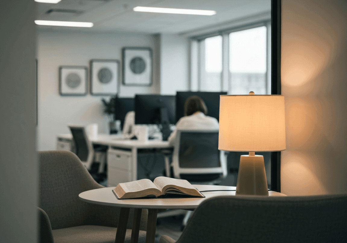 Serene prayer nook in a modern office setting with a Bible and lamp