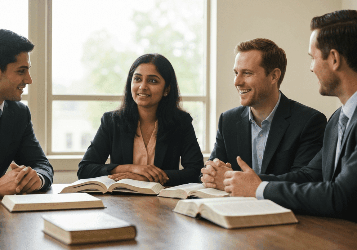 Diverse business professionals having a discussion with Bibles on the table