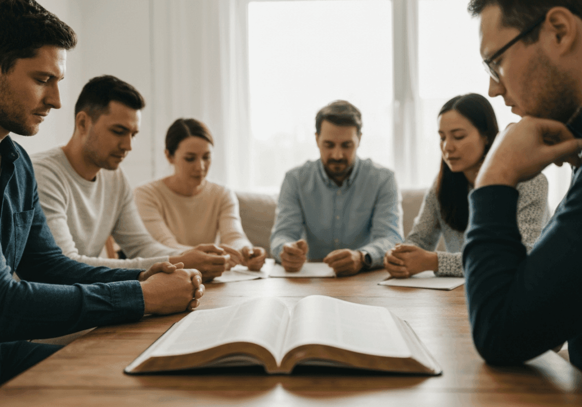 Group of colleagues praying and discussing with an open Bible