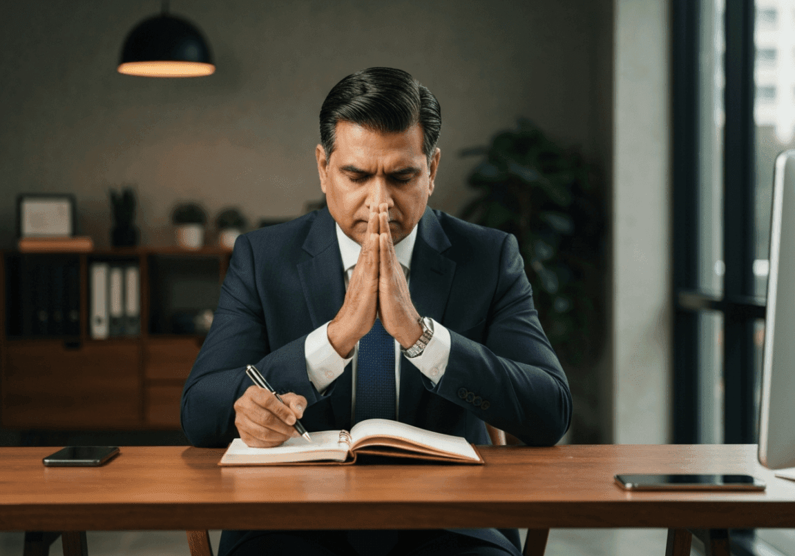 Business leader praying at a desk in an office