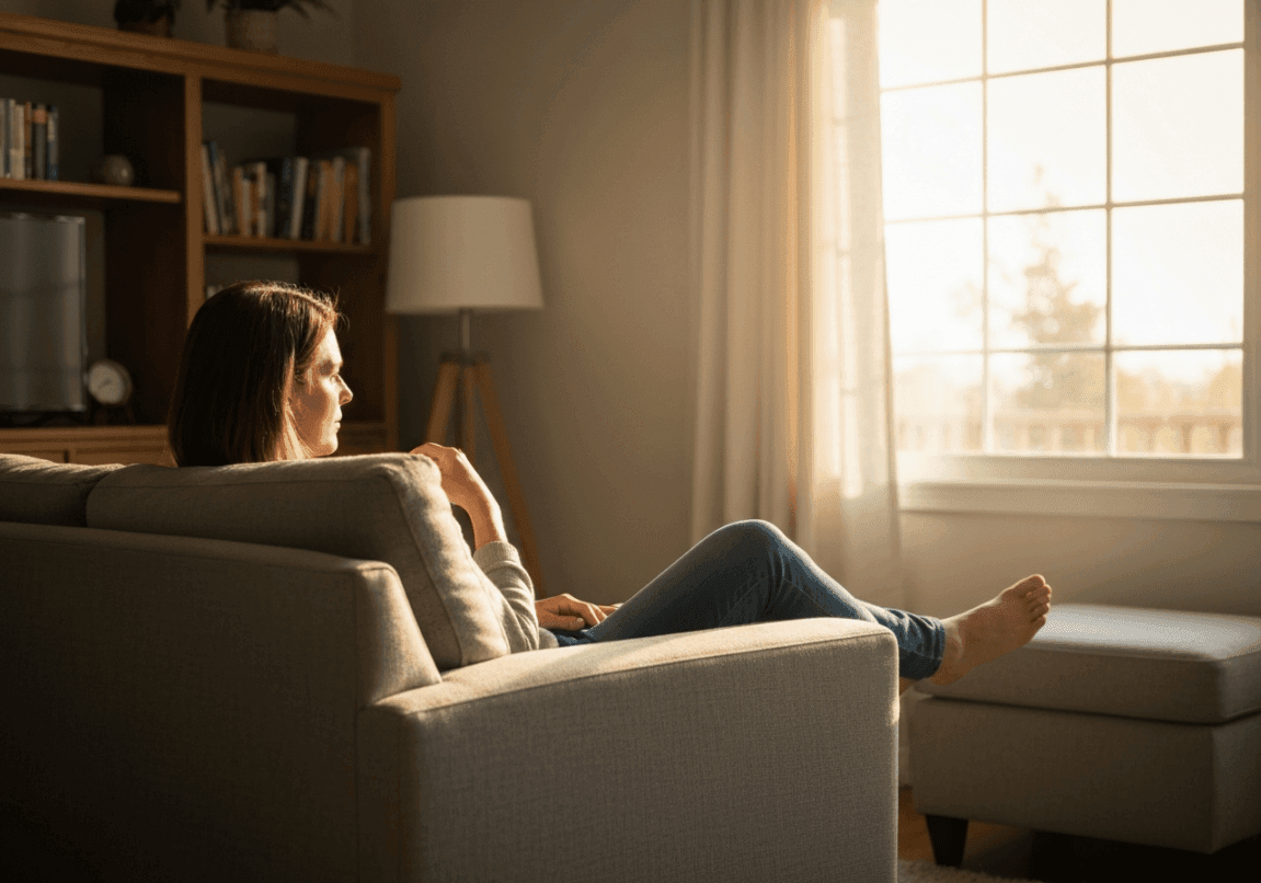 Person quietly reflecting in a peaceful home environment, symbolizing Sabbath rest.
