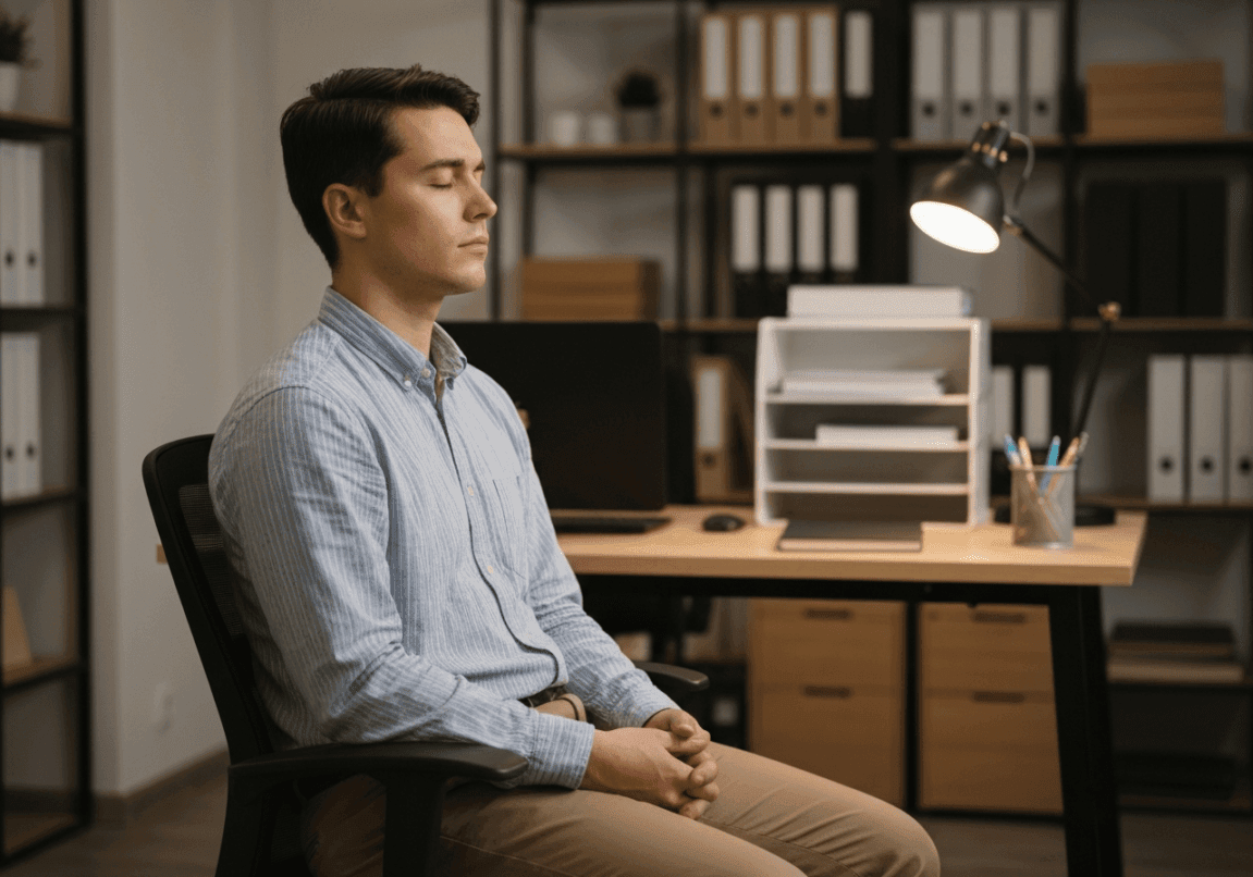 Person praying quietly in an office, combining work and faith.