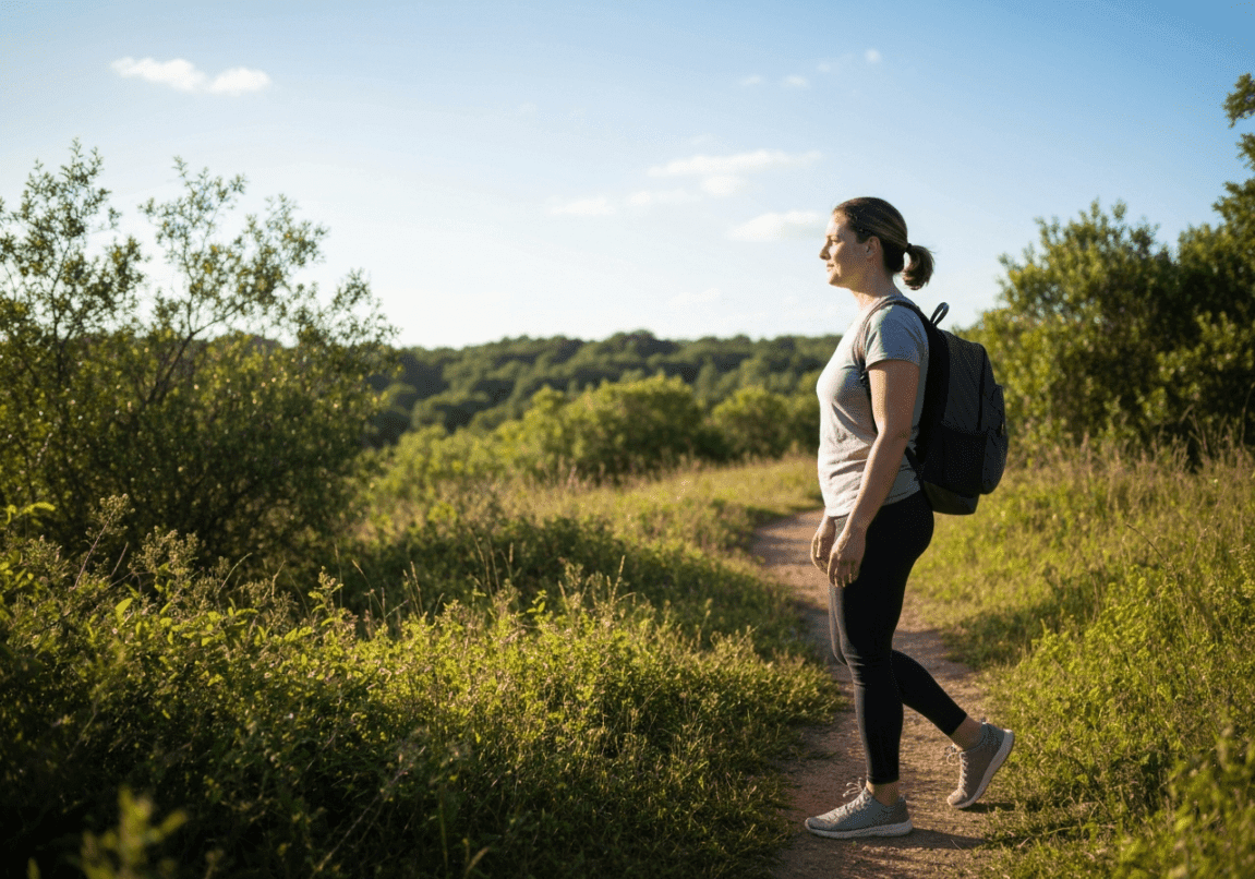 Individual walking peacefully on a nature trail, reflecting on scripture.