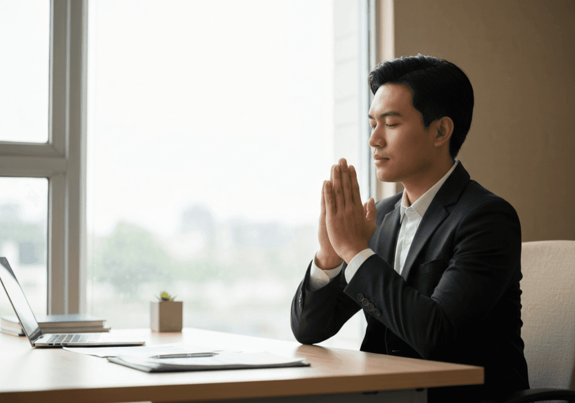 Business leader praying with an open Bible in a quiet office setting