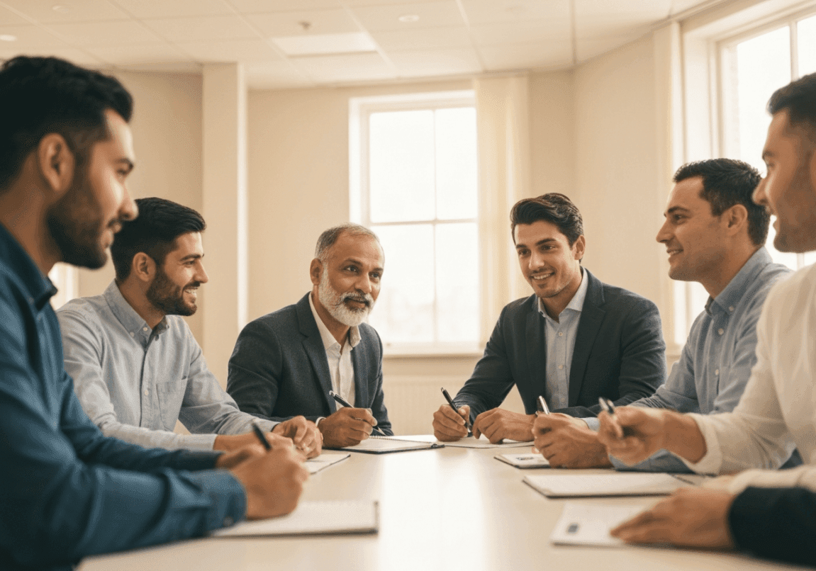 Business leader engaging with team in a supportive meeting