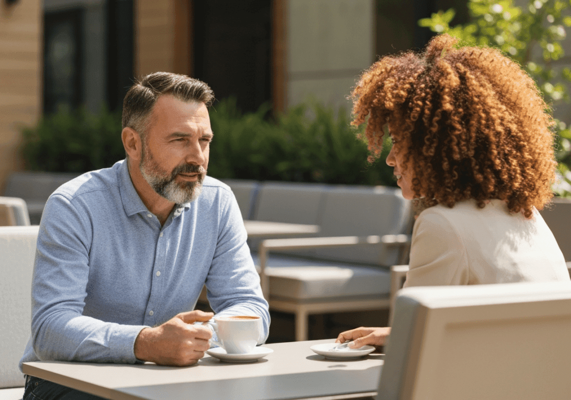 Two professionals in a mentoring session at a café