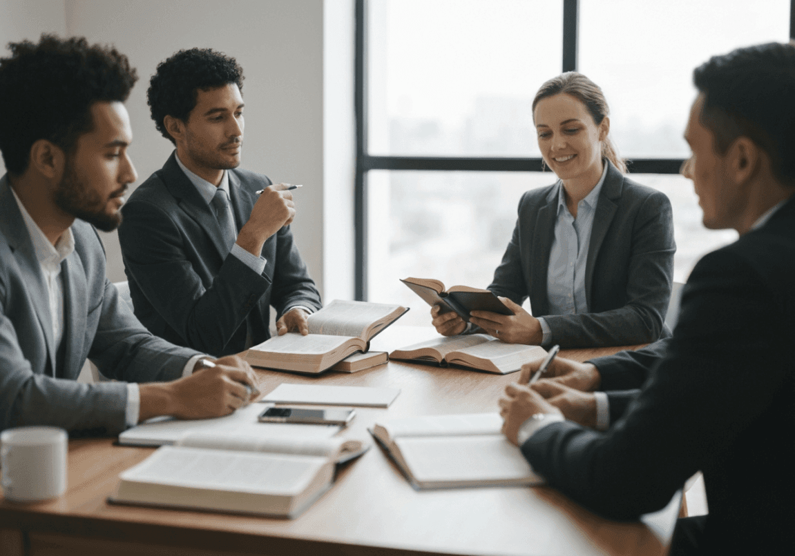 Business professionals discussing scripture, Bibles open on table