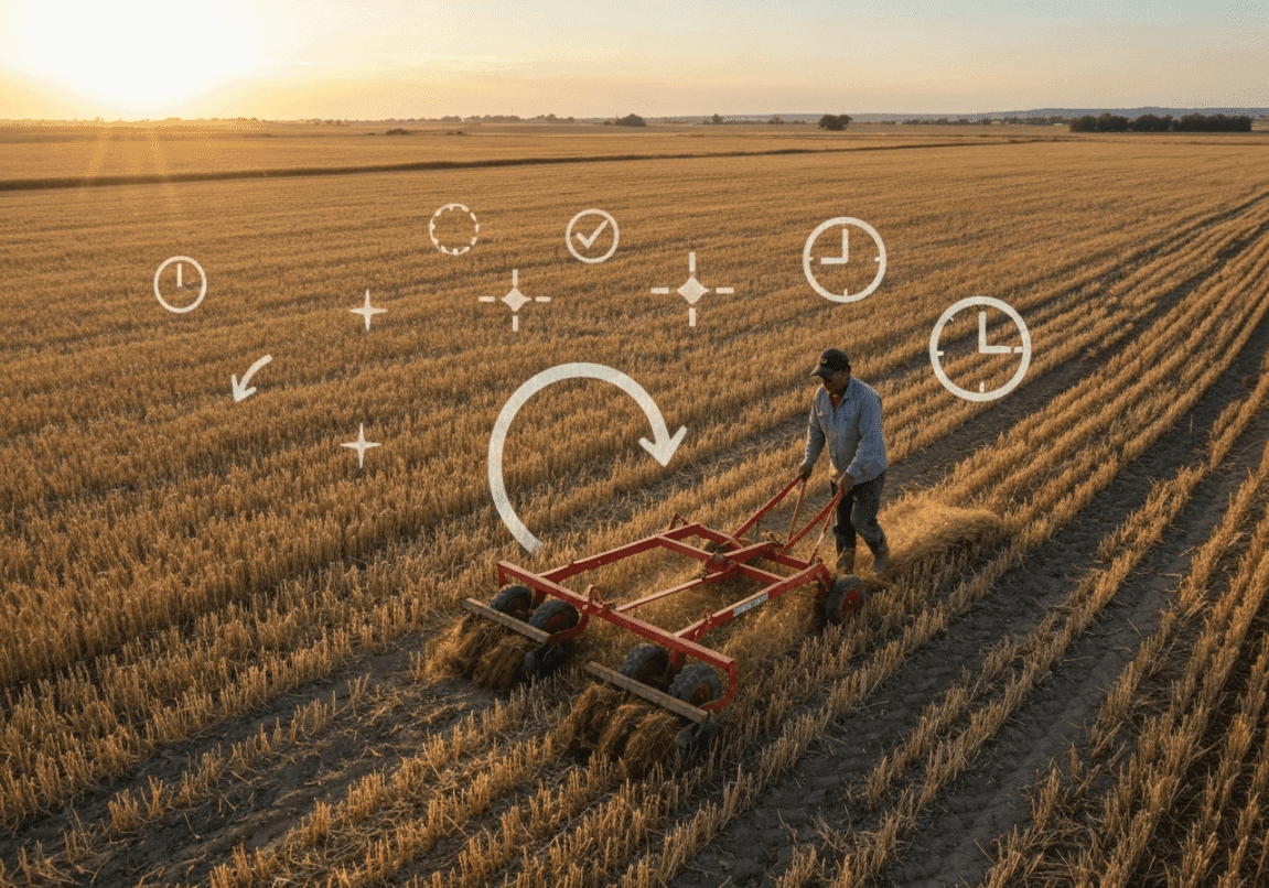 Farmer plowing fields at sunrise