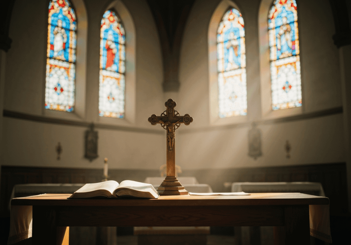 Cross and open Bible on altar in church, sunlight through windows