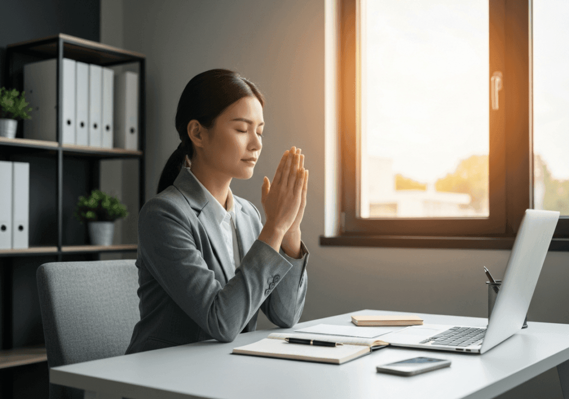 Professional woman sitting in an office with eyes closed in prayer as she starts her workday.