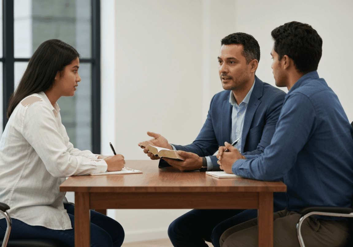 Mentor and mentee in a thoughtful discussion with a Bible open for guidance