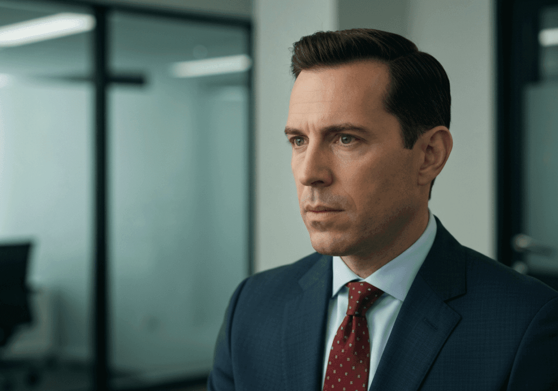 A Christian business leader praying in an office space, conveying faith and reflection.