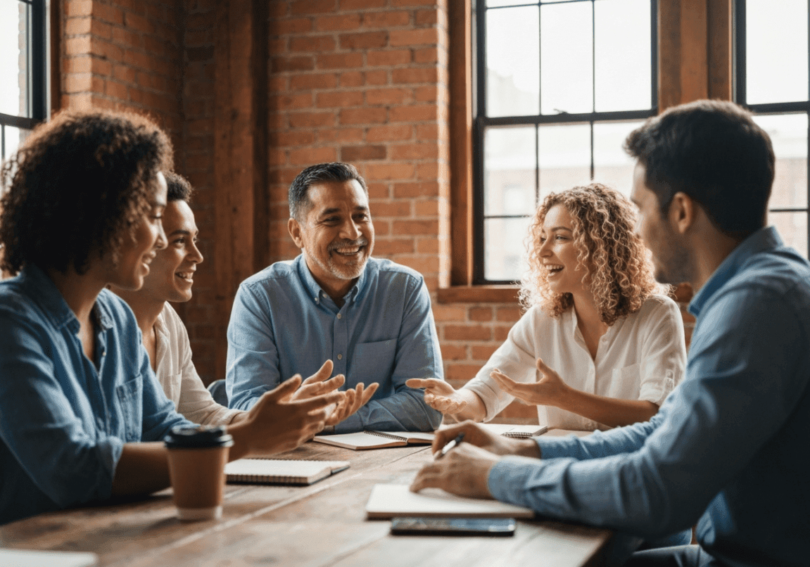 Christian entrepreneurs in a meeting, symbolizing community and support.