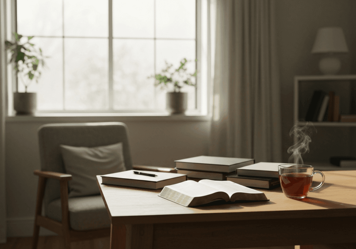 A Bible open on a table next to a cup of tea in a quiet study room, signifying meditative practice.