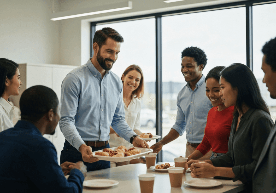 A business leader serving food to employees in a breakroom, exemplifying servant leadership.