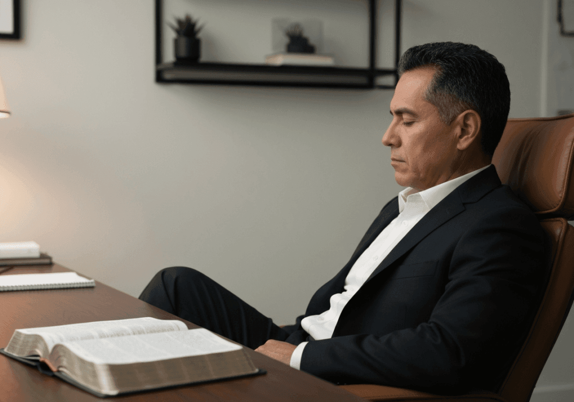 An executive reflecting in an office with an open Bible, showcasing scripture-guided decision-making.