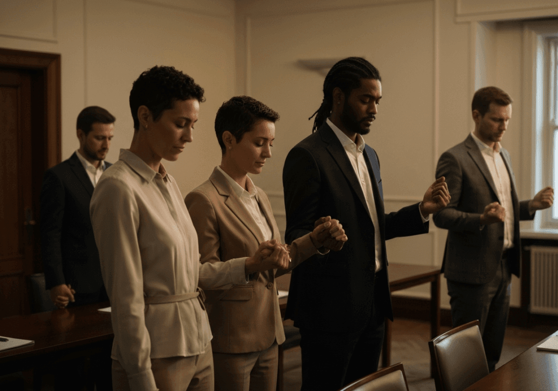 Business professionals holding hands in prayer, illustrating spiritual accountability.