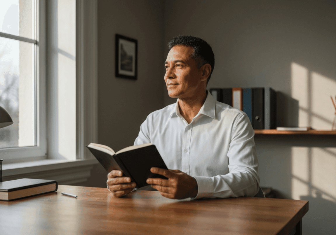 Business leader reflecting at a desk, embodying patience and faith