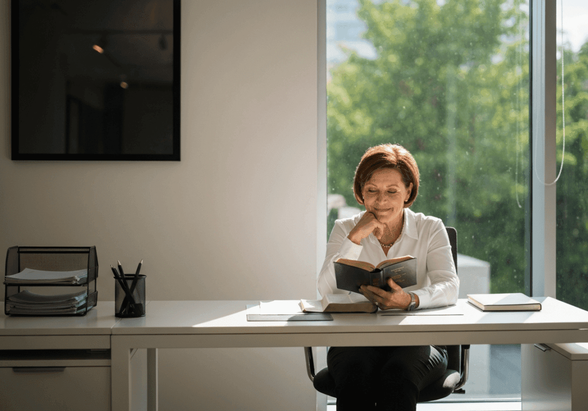 Christian business leader reflecting on a Bible passage at a desk